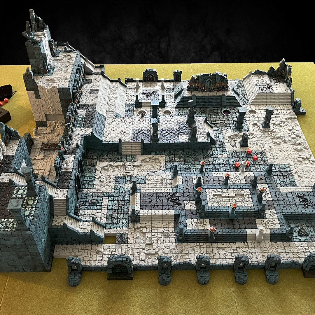 Completed temple diorama built from 3D-printable dungeon tiles (‘Curse of the Citadel’) on a grass-covered gaming board 04